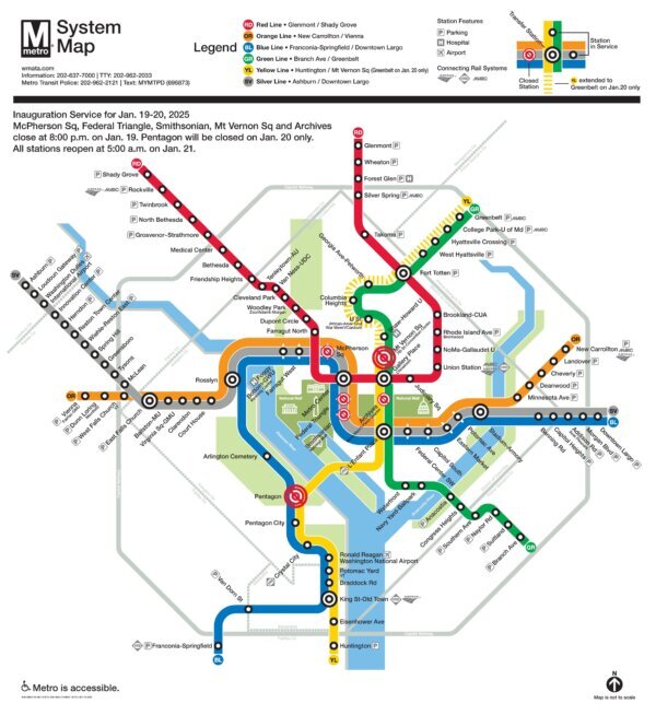A map of Metro closures for inauguration events.
