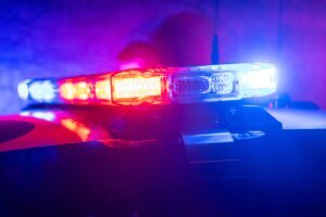 Red and blue lights atop a police car