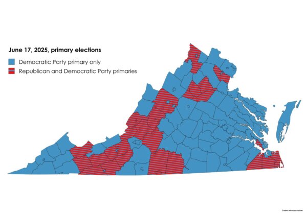 A map from the Virginia Department of Elections is coded to show which counties have primaries for which party