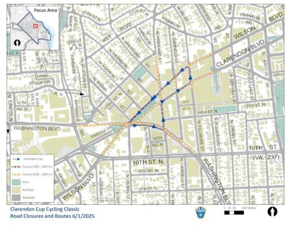 Map of road closures and routes outlined for the Clarendon Cup Cycling Classic on June 1, 2025.