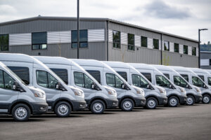 Compact gray cargo commercial mini vans standing in row on industrial warehouse parking lot waiting for the next local deliveries