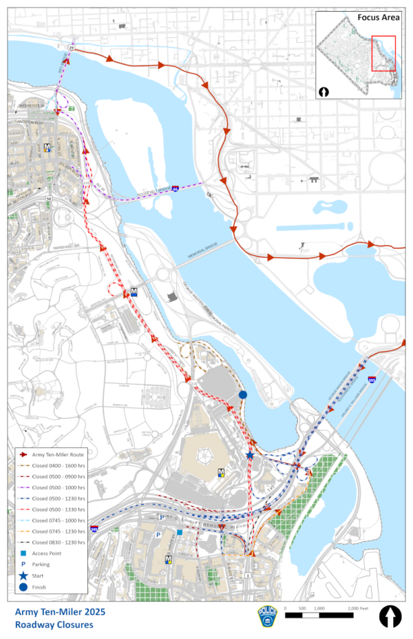A map of the Army Ten-Miler 2025 race route and road closures.