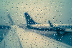 The concept of flight delay or cancellation, raindrops on the glass against the background of a wing and a standing plane