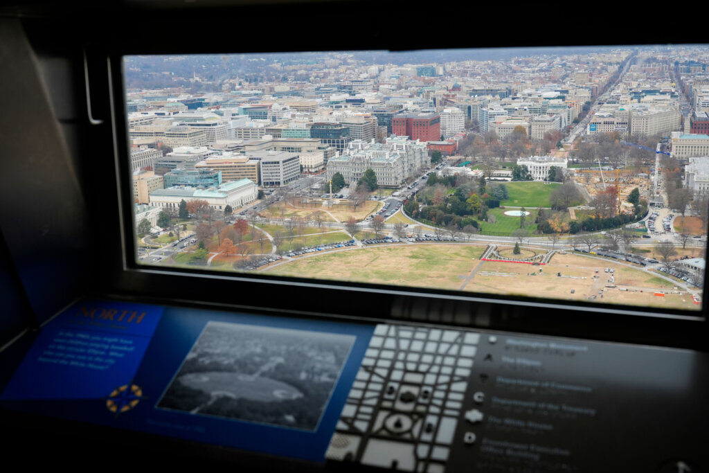 The views from the Washington Monument looking toward the White House and the continuing work on the construction of the ballroom, Tuesday, Dec., 9, 2025, in Washington, where the East Wing once stood. (AP Photo/Pablo Martinez Monsivais)