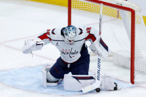 Washington Capitals goaltender Logan Thompson blocks a shot