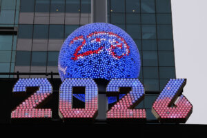 Seven foot tall numerals for "2026" are displayed in front of the New Year's Eve ball