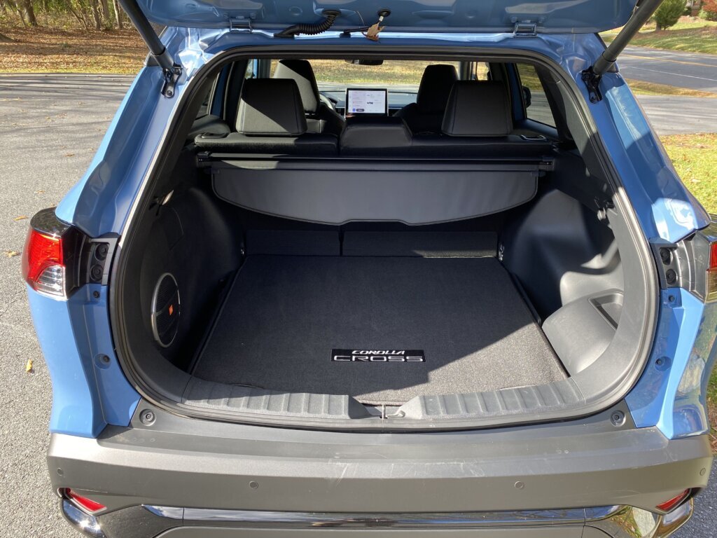 The back trunk opened of the 2026 Toyota Corolla Cross Hybrid XSE. (WTOP/John Aaron)