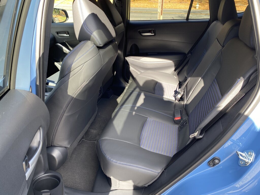 The backseats of the 2026 Toyota Corolla Cross Hybrid XSE. (WTOP/John Aaron)