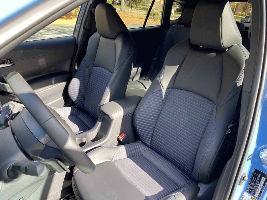 The front seats of the 2026 Toyota Corolla Cross Hybrid XSE. (WTOP/John Aaron)
