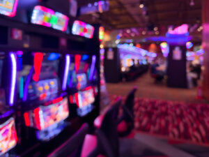 Defocused Pachinko Parlor Background、Abstract Neon Slot Machine Lights