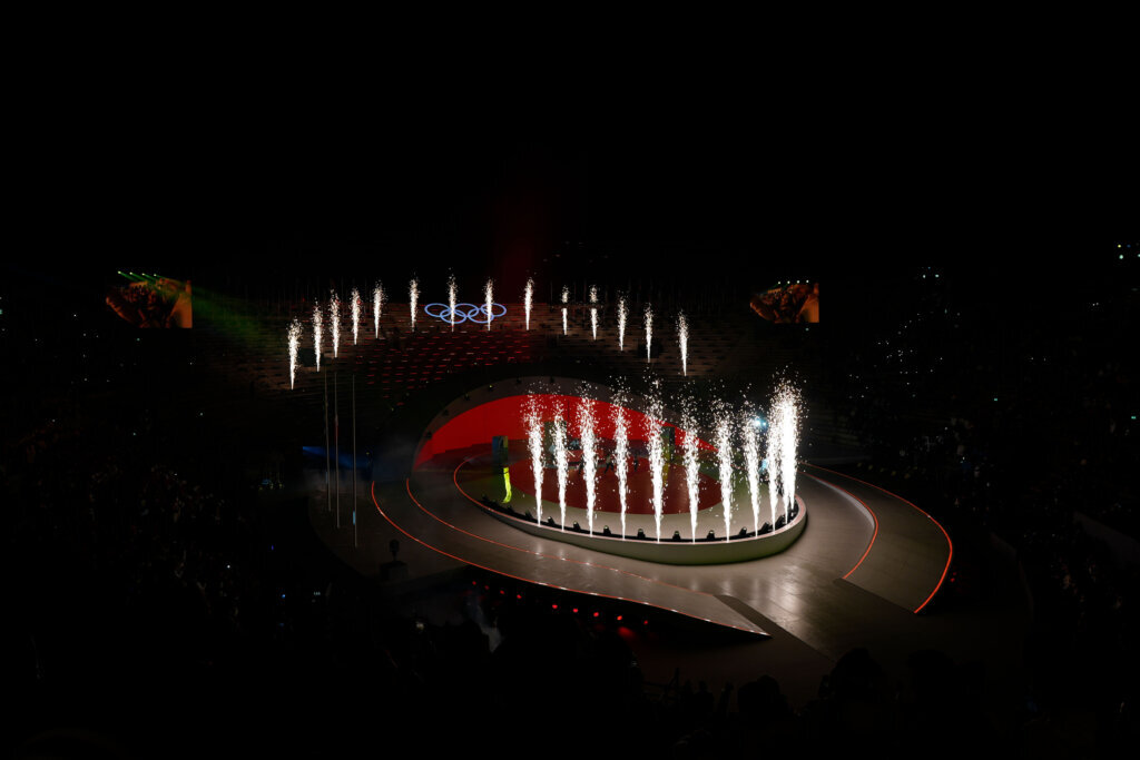 Fireworks light up during the closing ceremony of the 2026 Winter Olympics, in Verona, Italy, Sunday, Feb. 22, 2026. (AP Photo/Ashley Landis)