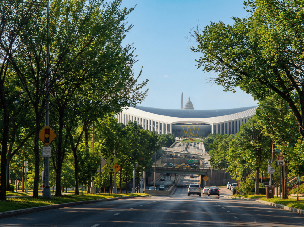 The large gold "W" symbol on the front of the stadium is more prominent and can be seen with other major monuments behind it when driving west from Maryland.
