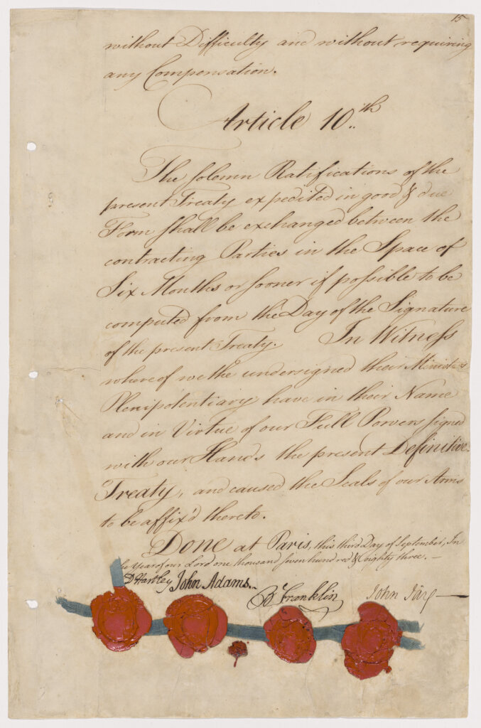 Signed by John Adams, Benjamin Franklin, and John Jay, the Treaty with Great Britain formally recognized the United States as an independent nation.