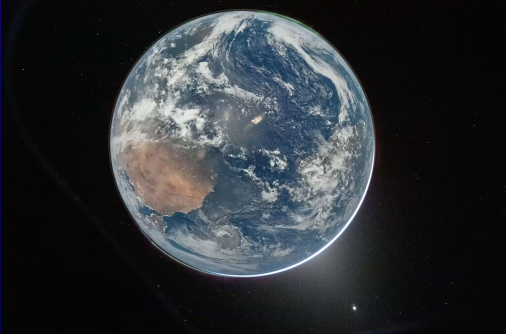 An image of Earth taken by NASA’s Artemis II astronaut commander Reid Wiseman inside the Orion capsule on Friday, April 3, 2026. (NASA via AP)