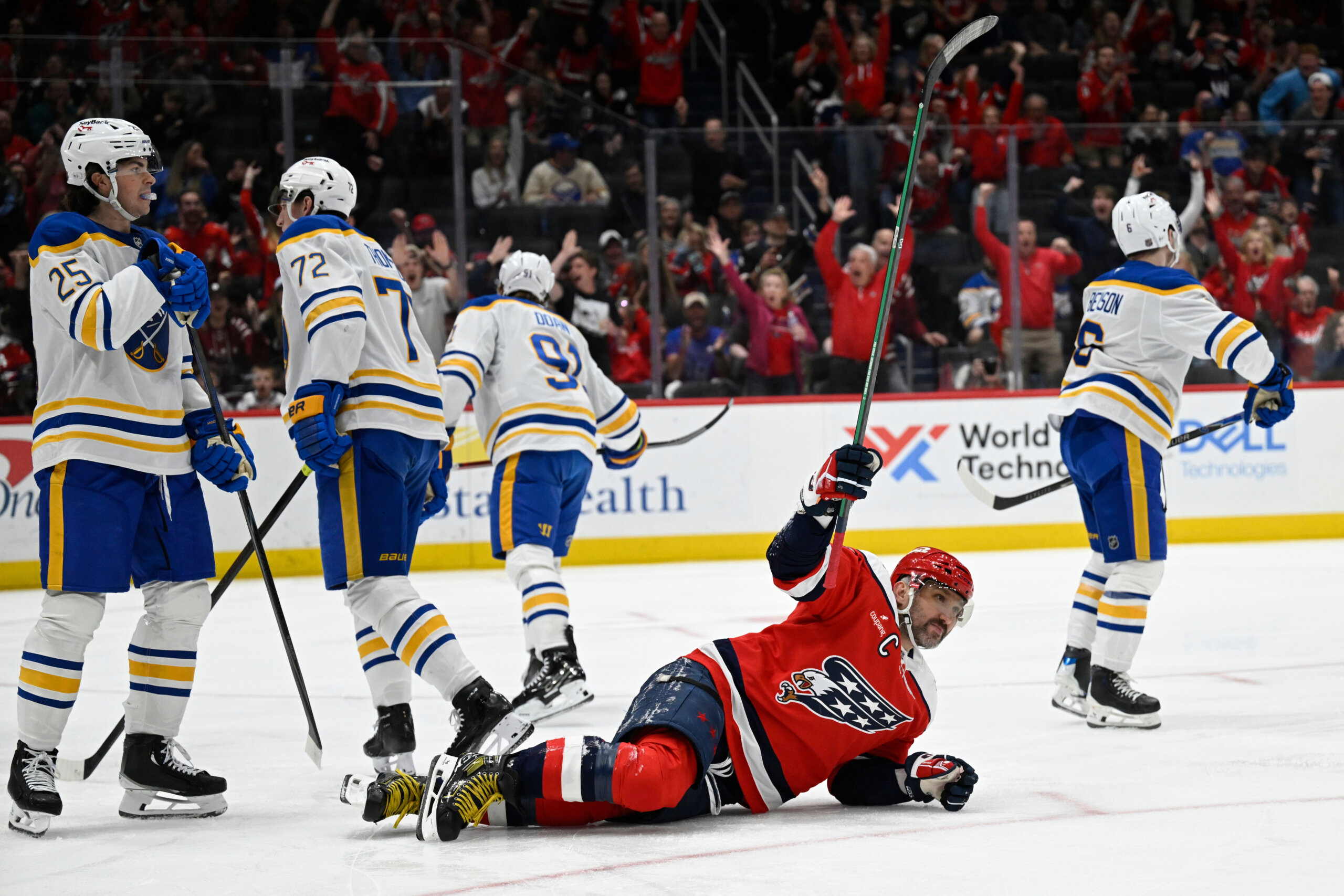 Alex Ovechkin celebrates Capitals Jakob Chychrun's goal