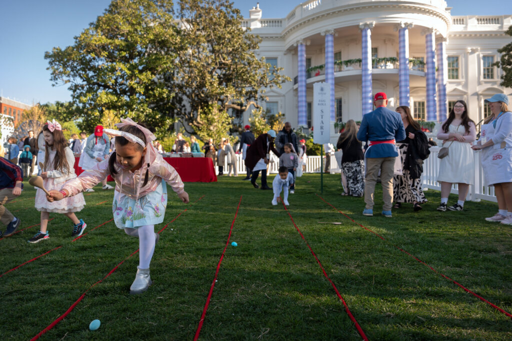Children participate in the egg roll competition during the White House Easter Egg Roll on the South Lawn of the White House, Monday, April 6, 2026, in D.C. (AP Photo/Mark Schiefelbein)