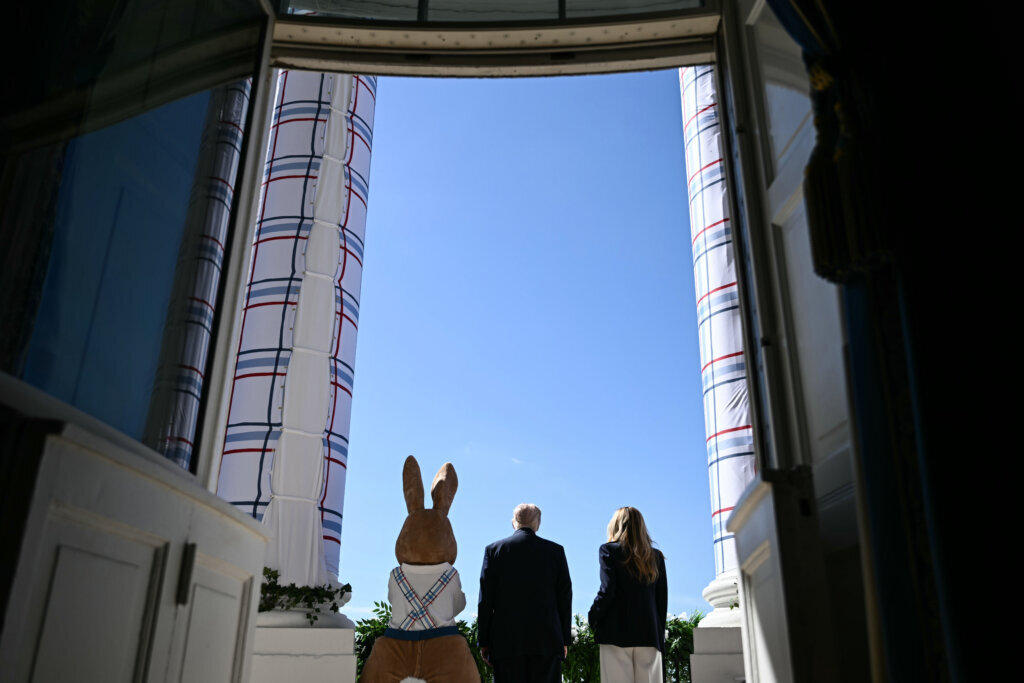 President Donald Trump and first lady Melania Trump participate in the White House Easter Egg Roll on the South Lawn of the White House, Monday, April 6, 2026, in D.C. (Brendan Smialowski/Pool via AP)