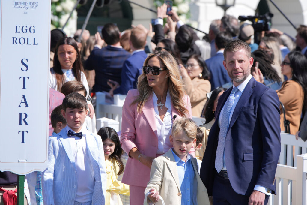 President Donald Trump's son Eric Trump, right, his spouse Lara Trump and their children participate in the White House Easter Egg Roll on the South Lawn of the White House, Monday, April 6, 2026, in D.C. (AP Photo/Alex Brandon)