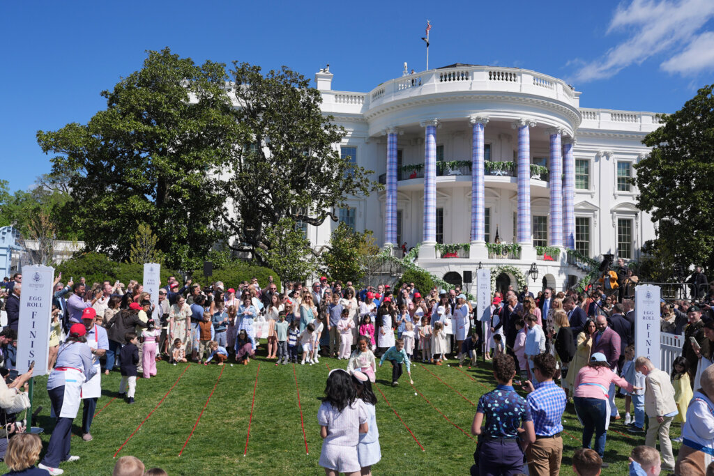 Guest participate in the White House Easter Egg Roll on the South Lawn of the White House, Monday, April 6, 2026, in D.C. (AP Photo/Alex Brandon)