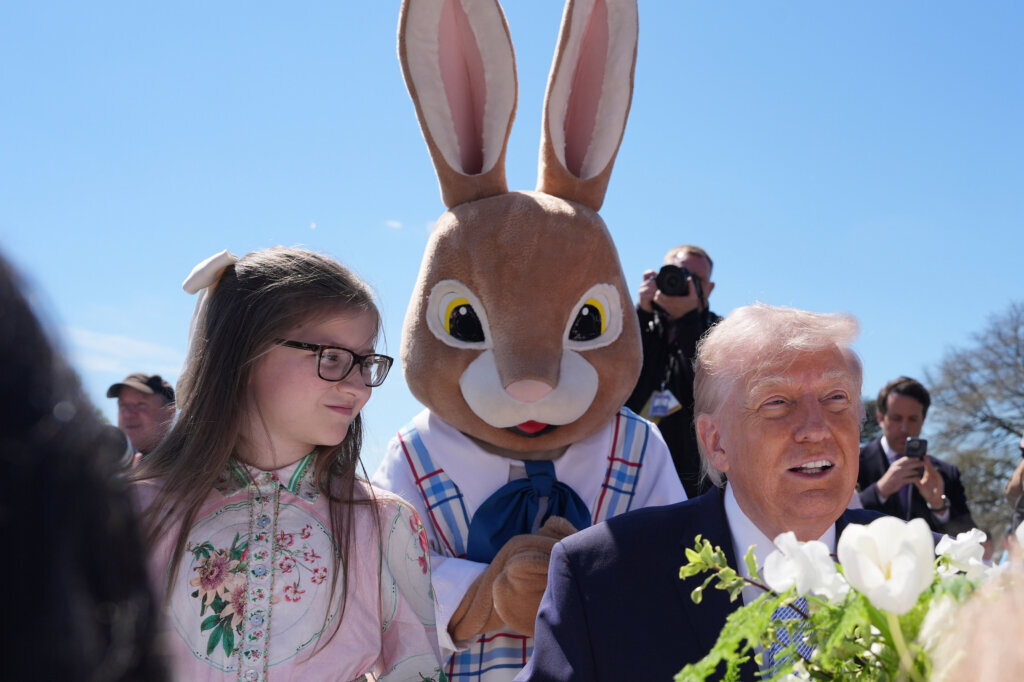 President Donald Trump sits down with children as he participates in the White House Easter Egg Roll on the South Lawn of the White House, Monday, April 6, 2026, in D.C. (AP Photo/Alex Brandon)