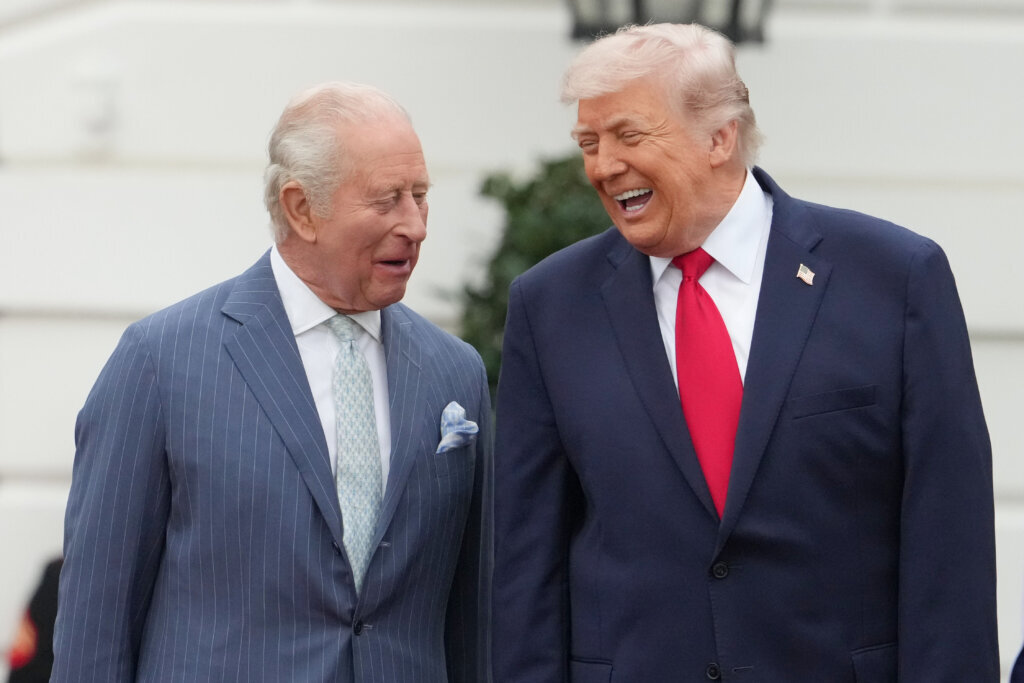 President Donald Trump and Britain's King Charles III talk during a State Visit arrival ceremony on the South Lawn of the White House, Tuesday, April 28, 2026, in Washington. (AP Photo/Alex Brandon)