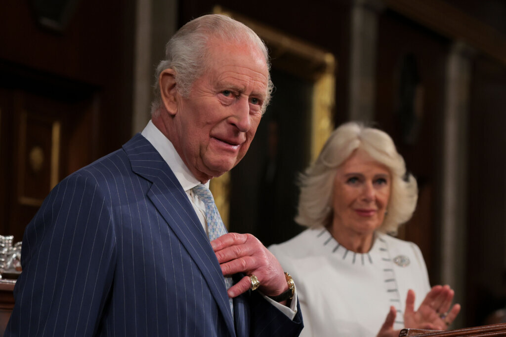 Britain's King Charles III finishes his address to a joint meeting of Congress while Queen Camilla applauds in the House Chamber of the U.S. Capitol in Washington, Tuesday, April 28, 2026. (Kylie Cooper/Pool via AP)