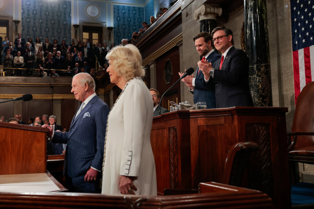 Britain's King Charles III addresses a joint meeting of Congress while Vice President JD Vance, back left, House Speaker Mike Johnson, R-La., back right, applaud and Queen Camilla, right, looks on, in the House Chamber of the U.S. Capitol in Washington, Tuesday, April 28, 2026. (Kylie Cooper/Pool via AP)