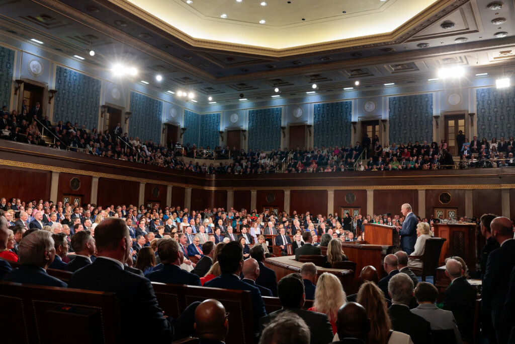 Britain's King Charles III finishes addressing a joint meeting of Congress in the House Chamber of the U.S. Capitol in Washington, Tuesday, April 28, 2026. (Kylie Cooper/Pool via AP)