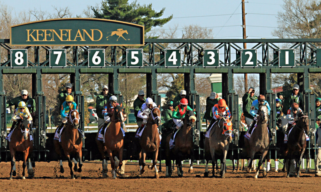 Horses break from the gate to start the 91st running of the Blue Grass Stakes horse race