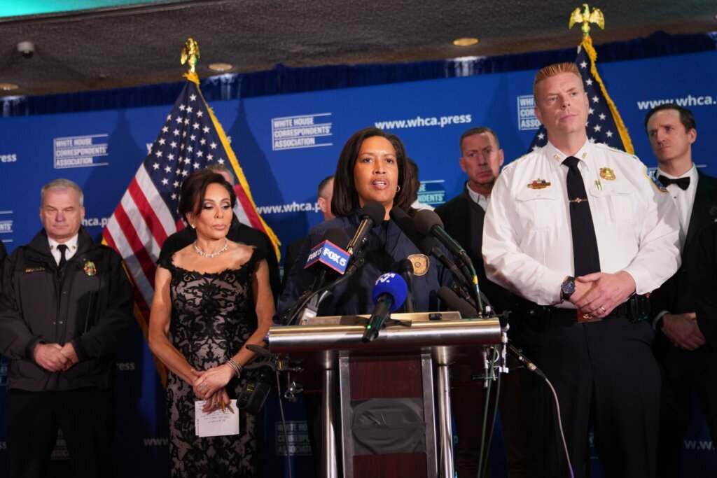 District of Columbia Mayor Muriel Bowser speaks at a news conference following a shooting at the White House Correspondents' Association Dinner in Washington, Saturday, April 25, 2026. (AP Photo/Allison Robbert)
