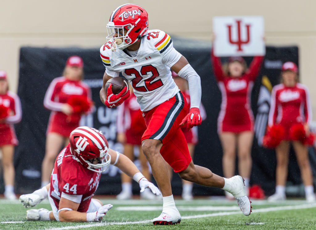 BLOOMINGTON, INDIANA - SEPTEMBER 28: Jalen Huskey #22 of the Maryland Terrapins returns an interception during the game against the Indiana Hoosiers at Memorial Stadium on September 28, 2024 in Bloomington, Indiana. (Photo by Michael Hickey/Getty Images)