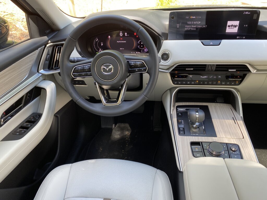This CX-90 comes with Mazda’s Driver Personalization System, which can size you up and automatically “provide the optimized seating position for a comfortable, commanding drive,” in the automaker’s words. (WTOP/John Aaron)
