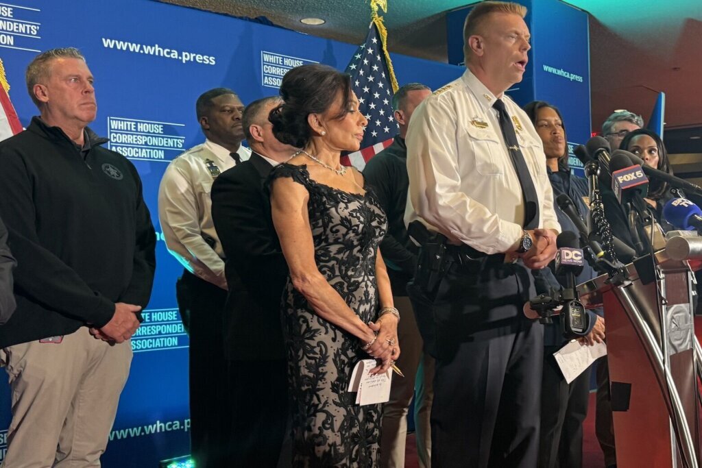 A news conference was held following a shooting at the White House Correspondents’ Association Dinner Saturday. (WTOP/Jimmy Alexander)