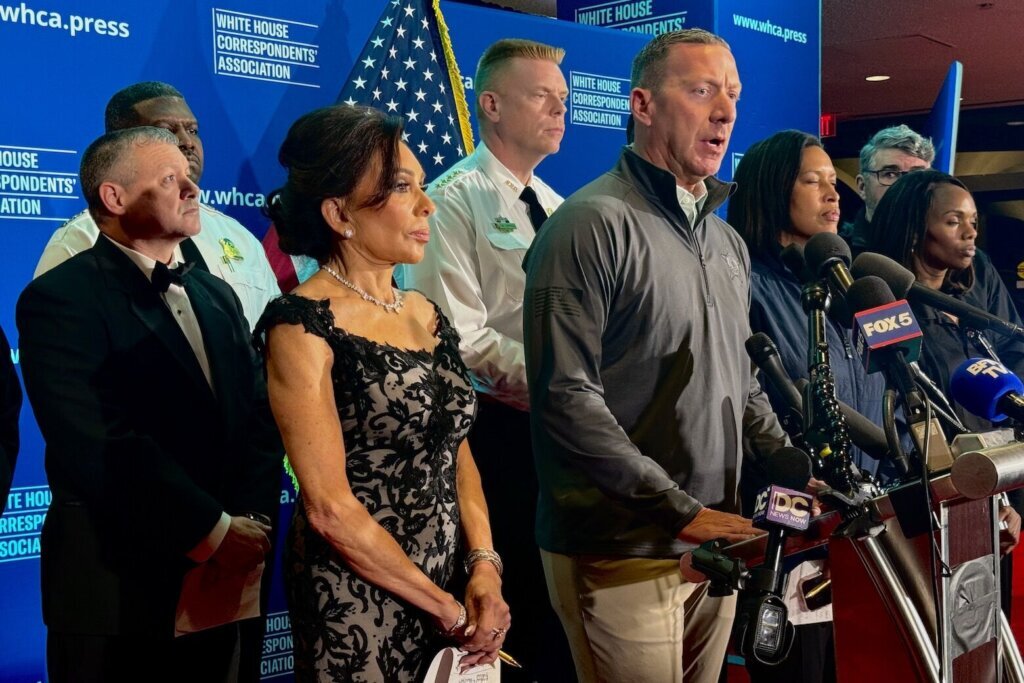 A news conference was held following a shooting at the White House Correspondents’ Association Dinner Saturday. (WTOP/Jimmy Alexander)