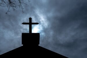 Christianity religion, Cross at the church of the Christian faith on Halloween night.