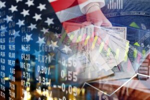 Woman with cash dollar bills, USA flag and numerical indicators – Entrepreneur, household finances – Economic chart