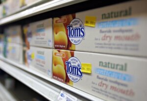 Tom's of Maine toothpaste sits on display in a New York drug