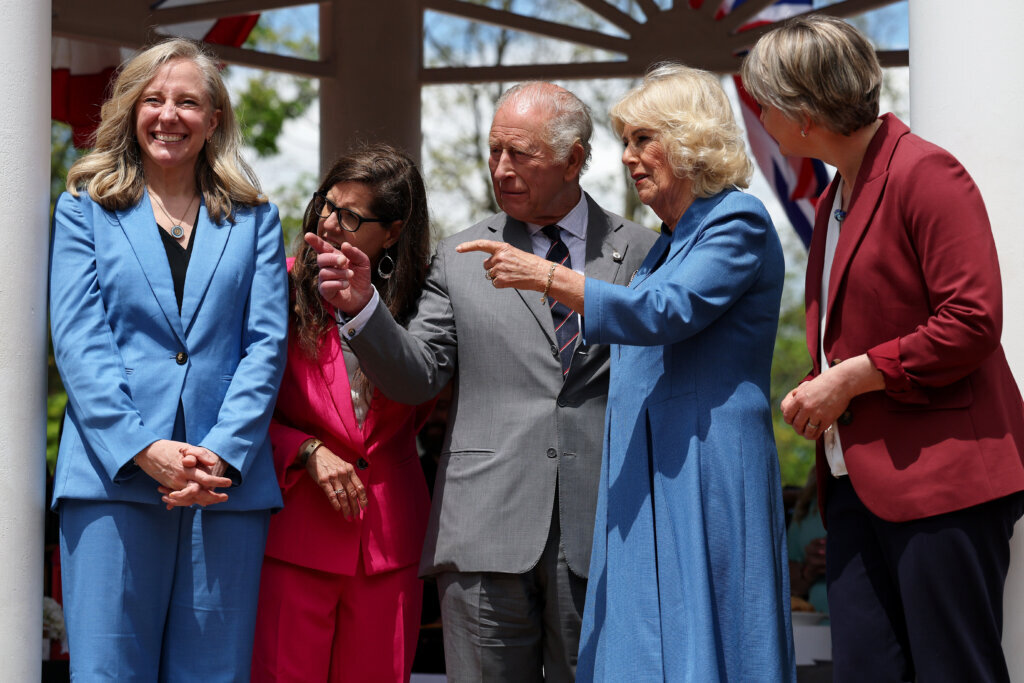Left to Right; Virginia Gov. Abigail Spanberger, Front Royal Mayor Lori A. Cockrell, Britain's King Charles III, Queen Camilla, and Secretary of State for Foreign and Commonwealth Affairs of the United Kingdom Yvette Cooper attend a parade and block party event Thursday, April 30, 2026, in Front Royal, Virginia. (Win McNamee/Pool Photo via AP)
