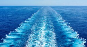 Wide,Turbulent,White,Foam,Water,Trail,Behind,A,Large,Cruise