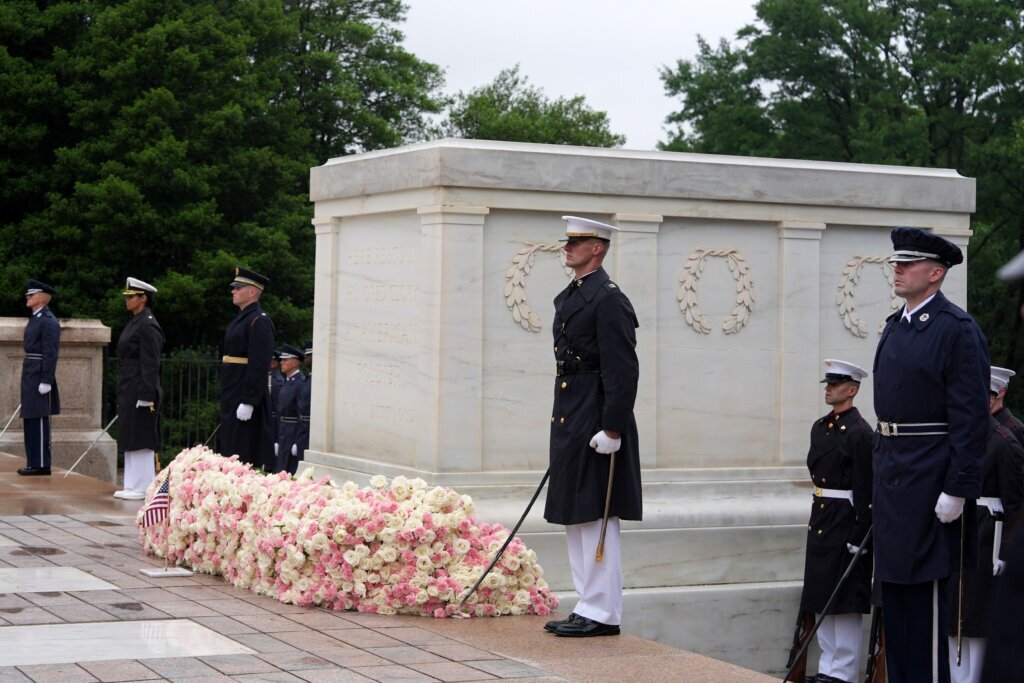 Flowers are pictured around the Tomb of the Unknown Soldier in Arlington National Cemetery on Memorial Day, Monday, May 25, 2026, in Arlington, Virginia. (AP Photo/Alex Brandon)