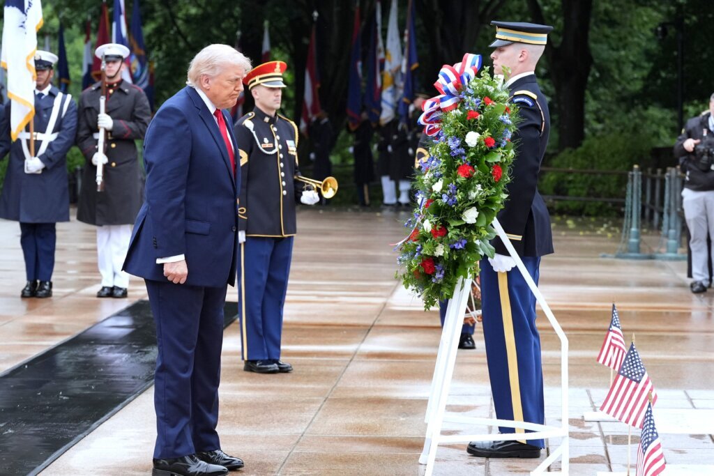 President Donald Trump places a wreath at the Tomb of the Unknown Soldier in Arlington National Cemetery on Memorial Day, Monday, May 25, 2026, in Arlington, Virginia. (AP Photo/Alex Brandon)