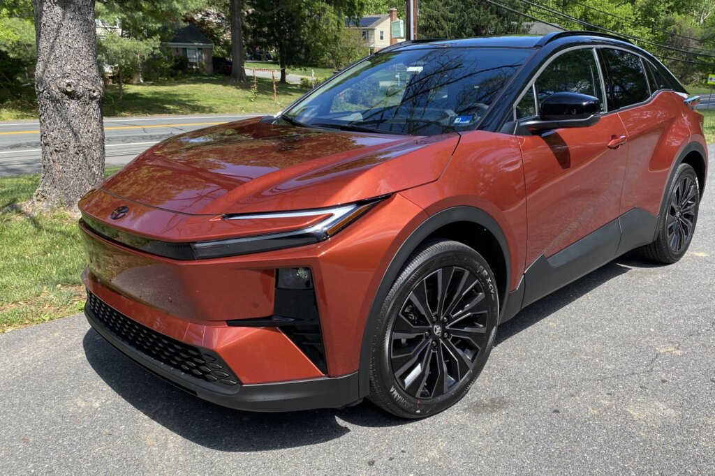 The new 2026 Toyota C‑HR drew positive reactions from nearly everyone who saw John Aaron driving it, thanks in part to its metallic copper‑red paint, black roof and sharply sloping rear roofline. (WTOP/John Aaron)