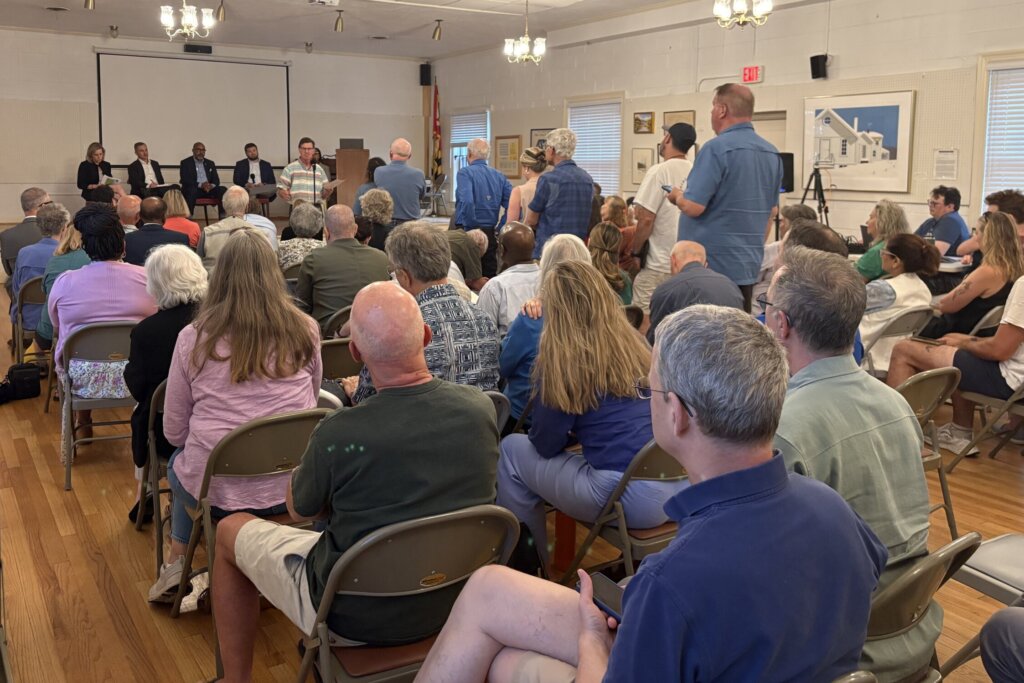 People, seated, attending a meeting.