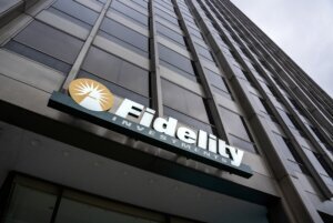 Fidelity investments office building entrance with logo in Chicago, USA