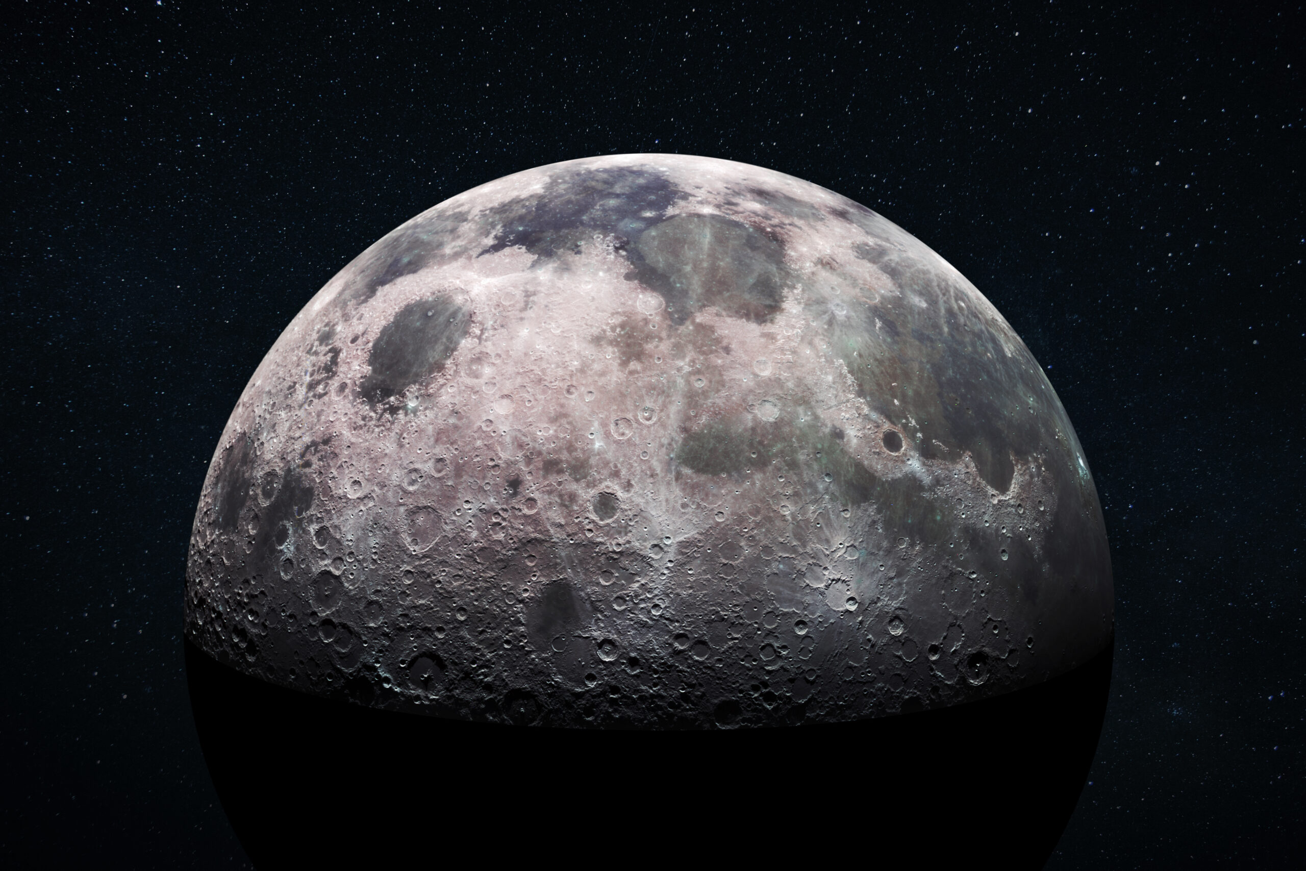Space view of the moon's cratered surface with a star filled outer space background. Deep space exploration and astronomy concept. Moon with detailed craters and surface