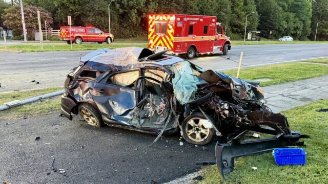 Vehicle damaged in crash.